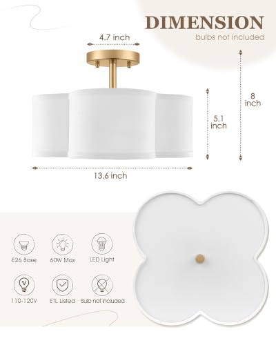 Image of 13.6 inch Gold Semi Flush Mount Ceiling Light with Fabric Shade
