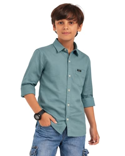 Image of Red Nine Rocket Science Boys' Solid Satin-Finish Poly Cotton Shirt | Single Pocket, Spread Collar, Long Sleeve, Casual
