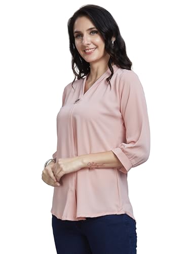 Image of nioni Women's Purple Poly Linen Blend Tunic Top with 3 /4 Sleeves, Printed Yoke, Kantha Stitch Detailing & Mandarin Collar