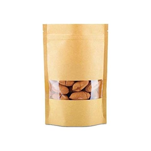 DecentGadget® 50PCS Reusable Ziplock Grip Seal Bags Waterproof Kraft Paper Stand Up Pouches with Transparent Window Food Storage Pouches for Coffee Bean Tea Leaf Snacks Cookie (20 * 14cm 50pcs) Cover