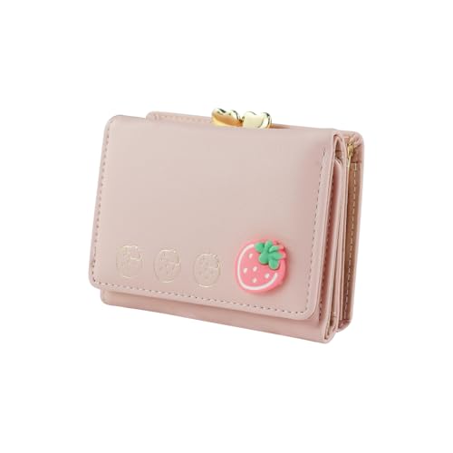 Andiker Women’s Wallets, Cute Trifold Purses for Women Small Size PU Leather Credit Card Holders for Women with Multi Card Slots ID Window Coin Metal Lock Buckle Pocket (Pink)