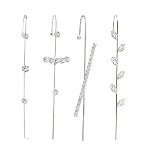 4Pcs Ear Wrap Crawler Hook Earrings for Women Gold Hypoallergenic Piercing Ear Cuffs Climbers Earrings Simple Cubic Zirconia Rhinestone Hoop Earrings (4pcs Silver Ear Wrap Crawler Hook Earrings Set)