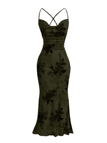 Image of SOLY HUX Women's Floral Mesh Bodycon Cami Dress Cowl Neck Sleeveless Cocktail Party Wedding Guest Long Maxi Dresses
