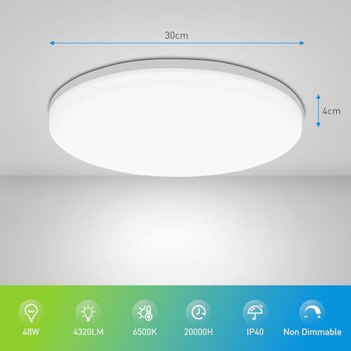 Yafido Lampa sufitowa LED, ultra cienka, 48 W, 4320 lm, UFO, płaska, 6500 K, zimna biel, do salonu, sypialni, biura, kuchni, łazienki, Ø 30 cm