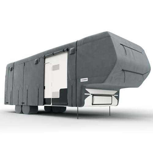 KING BIRD RV Cover, Heavy Duty Snow Protection, Fits 33-37ft 5th Wheel Campers, with Adhesive Repair Patches,Windproof Straps&Tire Covers