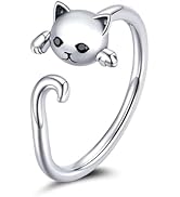 Qings Katze Verstellbarer Ring für Damen 925 Sterling Silber Schwarz Katze Ringe Offener Süß Tier...