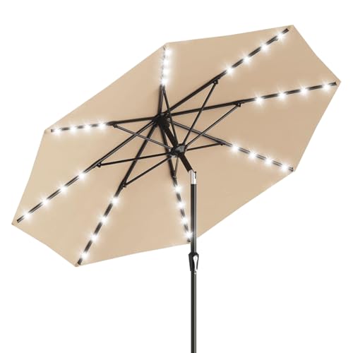 GarveeLife 10 ft Patio Umbrella with Solar Lights 8 Ribs Outdoor Market Table Umbrella with 40 LED Lights & Tilt Crank for Pool Deck Backyard (Tan)