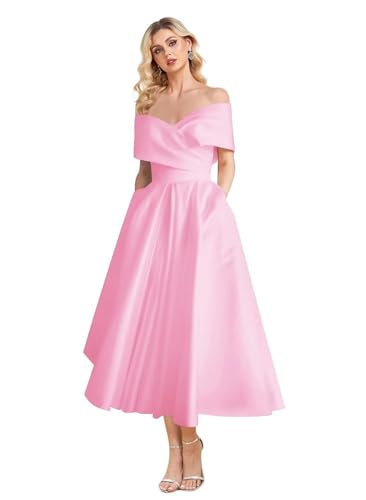 Image of Women's Off Shoulder Wedding Dress for Bride Tea Length A Line Satin Formal Prom Dresses with Pockets