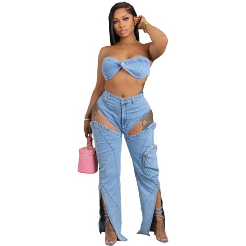 Women's summer clothing Y2K jeans suit sexy wrap top washed elastic large pocket trendy pants2