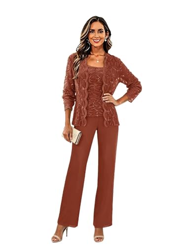 HGXUE Summer Grandmother of The Bride Pantsuits for Women Rust Chiffon 3/4 Sleeve Cocktail Pantsuit for Wedding Guest US16