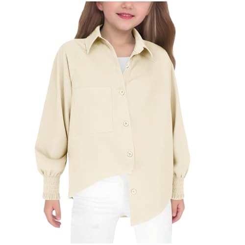 Girls Button Down Shirts Kids Long Sleeve Casual Collared Dress Shirts School Uniform Blouse Tops with Pocket