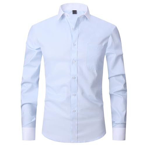 Maiyifu-GJ Mens Long Sleeve Slim Fit Dress Shirts Regular Fit Business Shirts Textured Casual Button Down Shirts (M,Light Blue 4)
