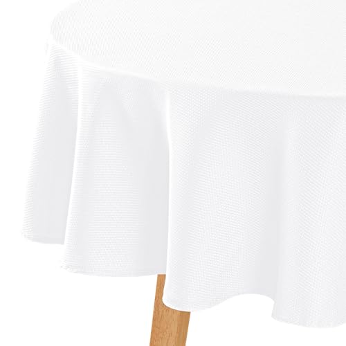 Image of Hiasan Round Textured Tablecloth 90 Inch - Waterproof Spillproof Antiwrinkle Jacquard Abrasion-Resistant Table Cloth, Decorative Polyester Table Cover for Kitchen Dining Party Wedding Camping, White