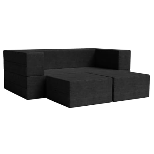 Image of Rosebell 5x6 Feet C-Type Sofa Bed | Jute Fabric with Removable Washable Cover | Foldable 2-Seater with 2 Pouffes | Ideal for Living Room & Office - Black Color