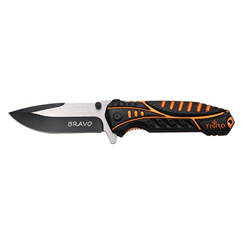 THIRD Navaja Bravo K2798C, Mango de Aluminio Negro y Naranja, Hoja de Acero INOX de 10 cm Corte en Negro. con Clip, con Funda de Nylon.