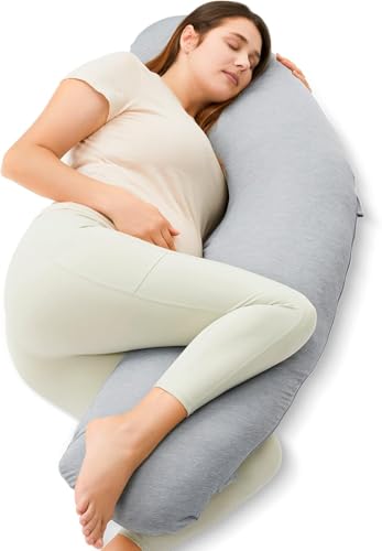 Momcozy J-Shaped Pregnancy Pillow for Sleeping with Cooling Cover Side Sleeper Support for Belly Hip & Leg Deep Grey