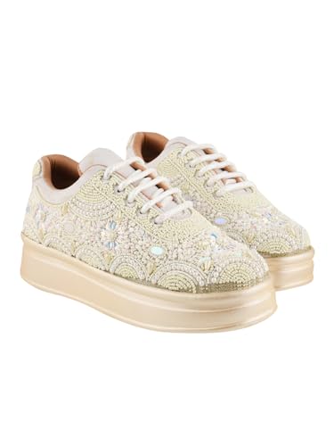 HVNLY By Shoetopia Women’s Wedding Sneakers | Cream Bridal Shoes with Pearls & Lace |Luxury Designer Footwear Comfortable Flat Sneakers for Brides EU-40