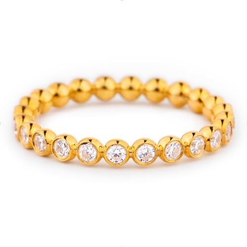 STORYJEWELLERY Eternity Band Rings for Women, 18K Gold Plated Stacking Band Ring, Thin Wedding Bands, Cubic Zirconia Anniversary Rings for Women, Beaded Bezel Ring, Gifts for Her