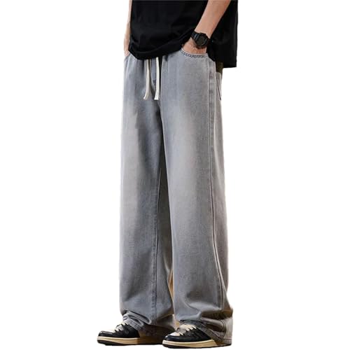 Men's High Retro Elastic Drawstring Baggy Jeans Fashion Straight Wide Leg Casual Jeans