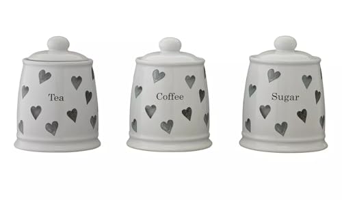 Ceramic Tea, Coffee and Sugar Storage Jars with Heart Design, Set of 3, White and Grey
