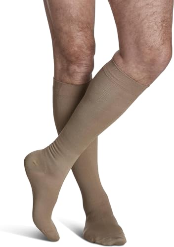 Image of SIGVARIS Men's Style Microfiber 820 Closed Toe Calf-High Socks 20-30mmHg - Tan Khaki - Small Long