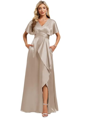 Image of Elegant Satin Bridesmaid Dress with Sleeves Ruffles High Silt Formal Dresses Long for Women Fall DIN022