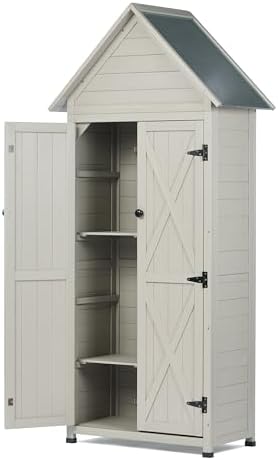 Outdoor Storage Shed with Floor & Adjustable Shelves, Wooden Garden Tool Cabinet Weatherproof, 71" Vertical Patio Organizer
