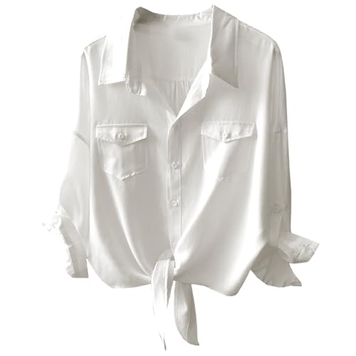Womens Button Down V Neck Shirts 3/4 Sleeve Tie Front Loose Office Business Shirt Blouse Summer Casual Tops