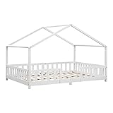 Cama para niños de Madera Pino 120 x 200 cm Casita hasta 200 kg Cama Infantil con Reja Protectora Forma de casa Blanco Mate Lacado