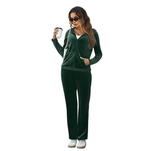 Marvmys Velour Tracksuit Womens 2 Piece Outfits Velvet Sweatsuit Jogging Suit Full Zip Up Hoodie and Sweatpants Set Green XX-Large