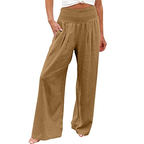 Wide Leg Pants for Women Cotton Linen Smocked Elastic High Waisted Palazzo Pant Casual Pockets Beach Travel Bottoms(#01 Yellow,Medium)