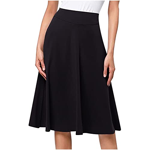 Women's Stretchy High Waist Flare A-Line Midi Skirt Solid Knee Length Elegant Skirts Casual Summer Loose Flowy Skirt