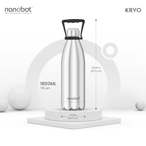 Image of NANOBOT Kryo 1800 ML Insulated Water Bottle 1.8 Litre, 36 Hr Hot and 48 Hr Cold I Leak Proof Lid, ISI Certified I Vacuum Insulated I for Office, Gym, School I Silver