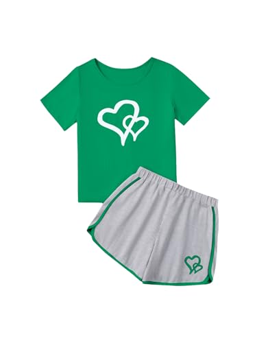 Image of Girls Summer Outfits Two Piece Graphic T Shirt and Shorts Sets Activewear Green Grey 7-8Y