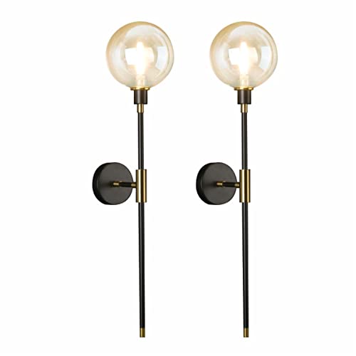Image of KCO Lighting 1-Light Sconces Wall Light Gold Black Modern Wall Mounted Sconce Globe Glass Shade Wall Lamp with Long Arm for Bedroom Hallway (Amber,2 Pack)