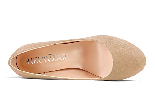 HEUIVZAR Women Pumps Round Toe Block Chunky Mid Heel Slip-on Dress Shoes Suede 3 Inch4