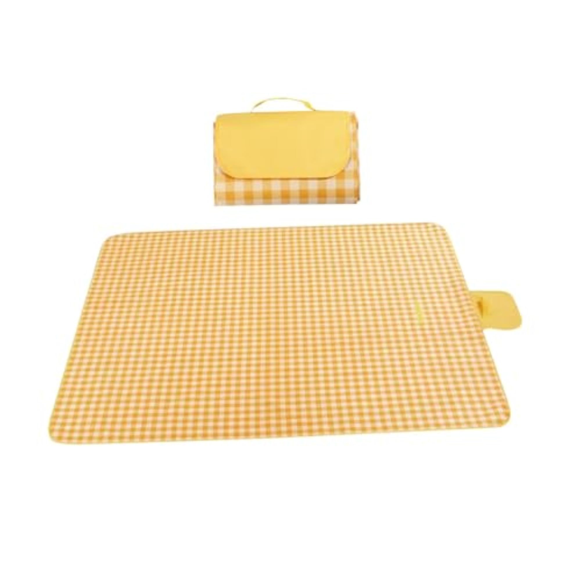 Yellow Plaid Picnic Blanket with Handle, 150cm x 200cm