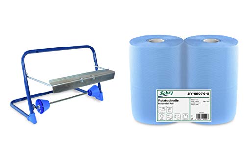2 x blaue saugstarke Papierrolle mit Wandhalterung, 1000 Blatt, 37x36 cm | 2-lagige perforierte Papiertücher | für Industrie, Werkstatt und Restaurant | Durchmesser 25 cm