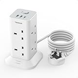 Tower Extension Lead with USB C Slots, TESSAN 8 Way Plug Extension Socket with Switch, Surge Protected Power Strip with 2M Cable for Home, School Supplies