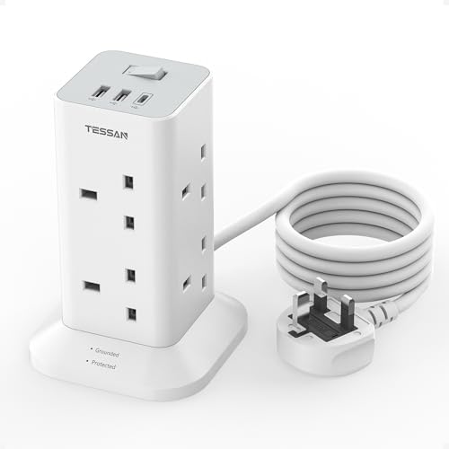 Tower Extension Lead with USB C Slots, TESSAN 8 Way Plug Extension Socket with Switch, Surge Protected Power Strip with 2M Cable for Home, School Supplies