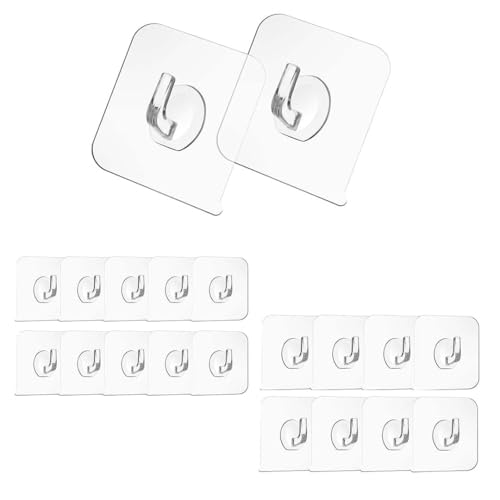 Image of BRAND VILLA Adhesive Wall Hooks Heavy Duty, Waterproof No Drill Clear Sticky Hooks for Bathroom Kitchen Shower, Strong Self Adhesive Hooks for Towels, Utensils, Keys - Damage-Free (20 Pack)