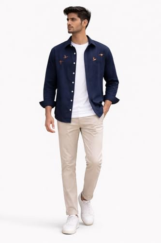 Image of Men's Cotton Blend Casual Wear with Bird Embroidery | Regular Fit Full Sleeve Button Down | Lightweight Summer Style for Daily, Office & Party
