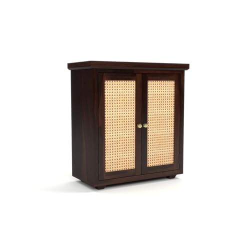 Image of Solid Sheesham Wood Sideboard Cabinet for Living Room | Wooden Storage Cabinet with 2 Cane Doors & Shelf | Modern Rattan Design Sideboard for Home (Walnut Finish)