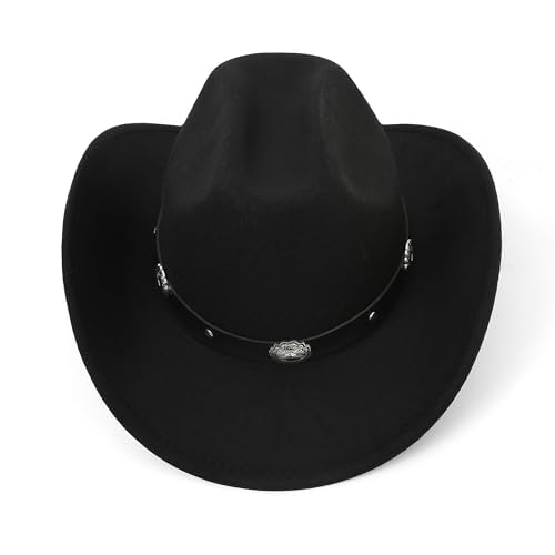 Cappello da cowboy e cowgirl classico in feltro nero con falda arrotolabile, per donne e uomini, decorazione con bukle per cintura in stile western