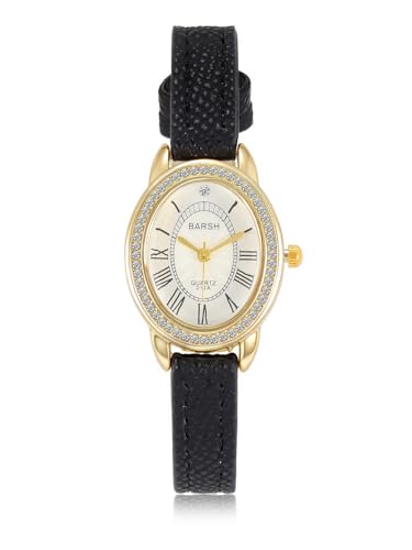 JSDDE Montre Femme Quartz en Bracelet Cuir Texturé Rétro Montre Quartz Boîtier Or Pavé de Strass Analogique Chiffres Romains Montres Habillée Cadran Ovale Luxy Bracelet Fine pour Poignet Fin (Noir)