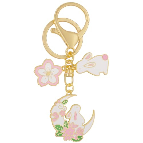 Porte-Clés Lapin – Porte-Cléf Bunny et Charme de Sac pour Femmes avec Fleurs Roses & Accents Lunaires, Cadeaux de Porte-Clé Lune pour Elle & Amies