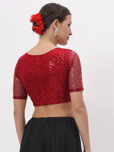 Image of studio rasa Women's Net Sequin Embroidered Sheer Sleeves Readymade Saree Blouse for Wedding Festive Party