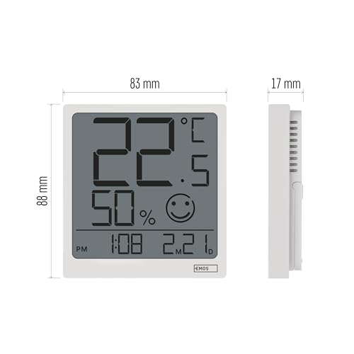 EMOS digitales Raumthermometer und Hygrometer mit Uhr- und Datumanzeige zum Aufstellen/Aufhängen - LCD Display mit Anzeige von schwacher Batterie und Komfortsymbol - für Innen - inkl. Batterie - weiß