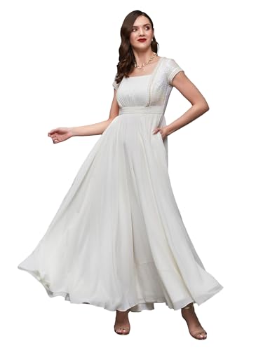 Image of Miss Chase Women's Round Neck Sleeve Embellished Fit Flare Maxi Dress