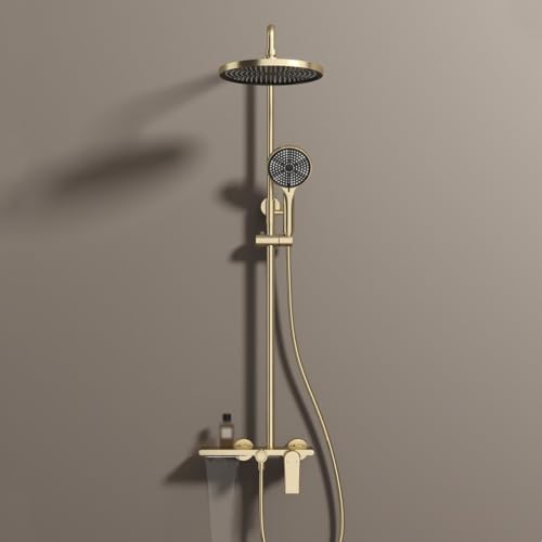 BiaoTeng Columna de Ducha con Grifo Cascada 3 Modos, agua Fría y Caliente en Laton Columna Ducha Ajustable a Gujeros Existentes Oro Cepillado